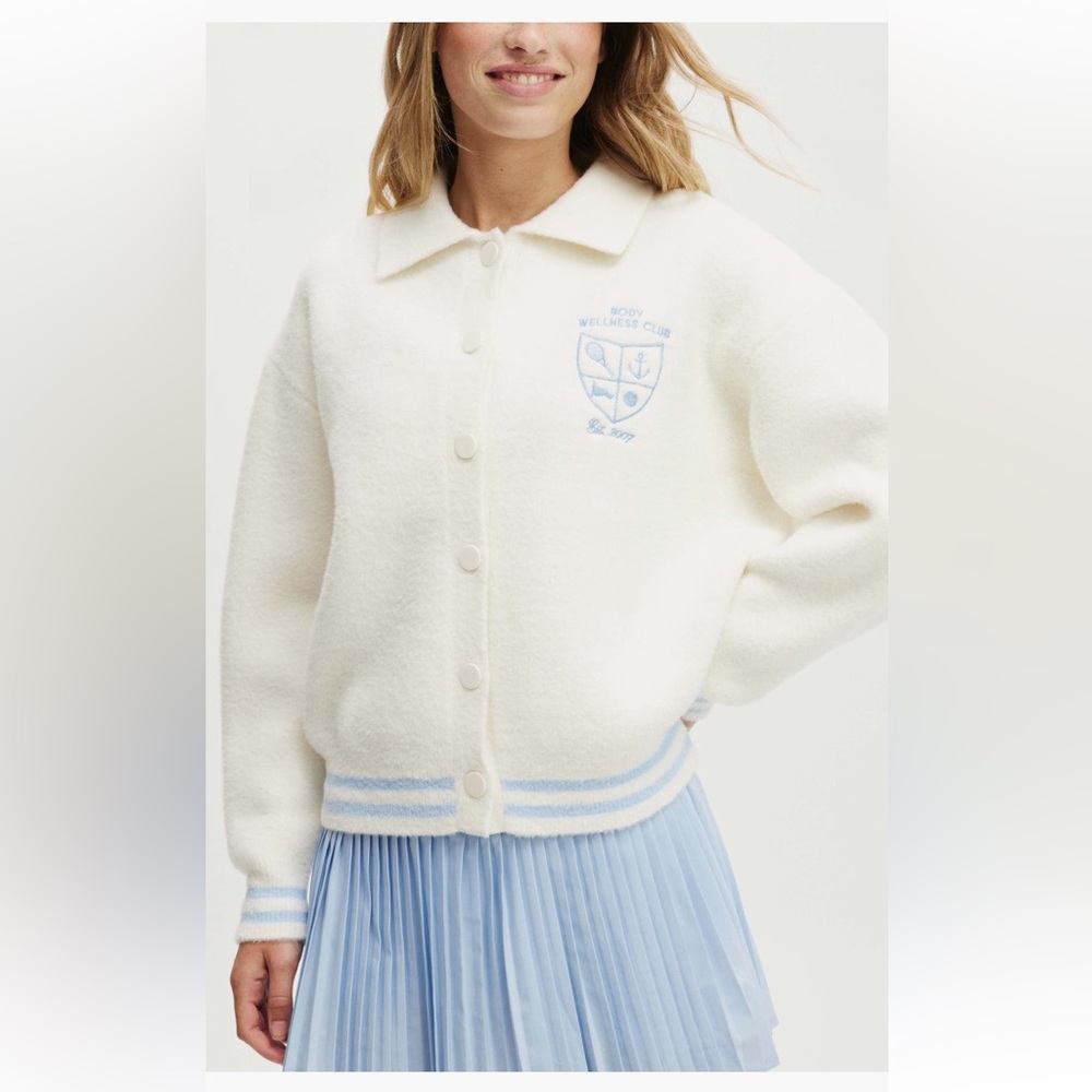 Cotton On White and Blue Varsity Jacket with Plush Texture